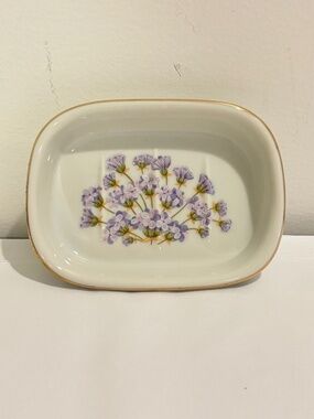Vintage porcelain soap dish hand painted floral design purple flowers gold trim